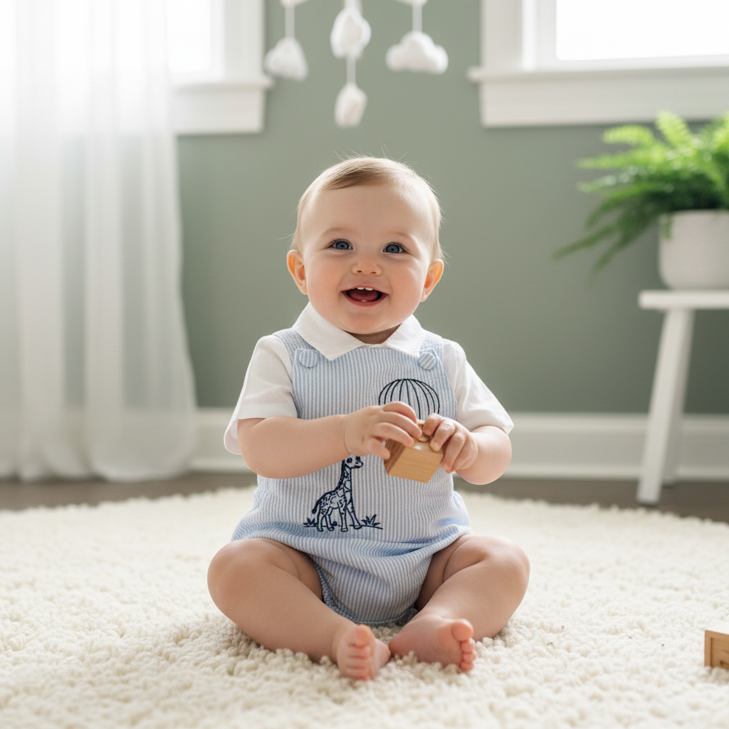 Baby and Toddler boys blue and white linen baptism and birthday romper and shirt set