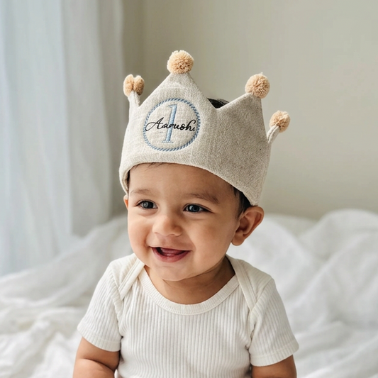 Beige First Birthday Embroidered Crown
