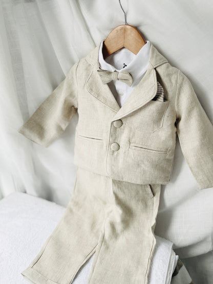Beige Linen full length suit with pants, shirt, jacket and accessories