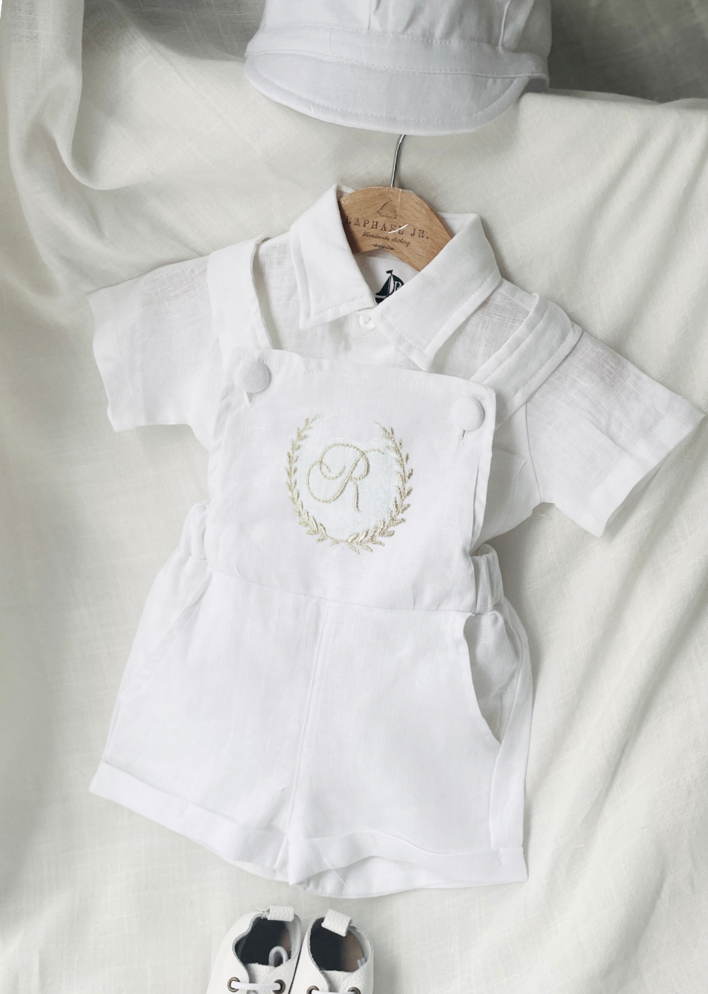 Boys white pure linen overalls suspender shorts with optional shirt and embroidery