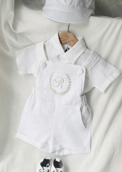 Boys white pure linen overalls suspender shorts with optional shirt and embroidery
