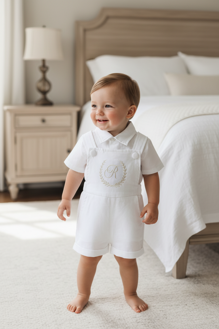 Boys white pure linen overalls suspender shorts with optional shirt and embroidery