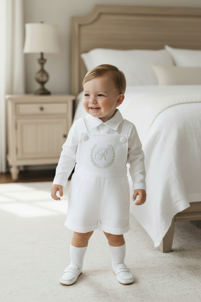 Boys white pure linen overalls suspender shorts with optional shirt and embroidery