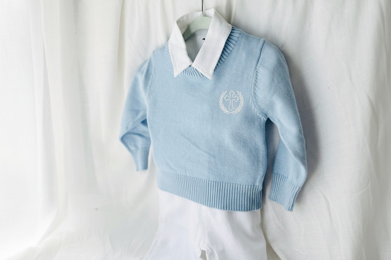 Baby blue cotton sweater with optional embroidery
