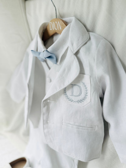 Boys white linen full 5 piece suit with vest, jacket, shirt, pants, suspenders and bow tie plus extras