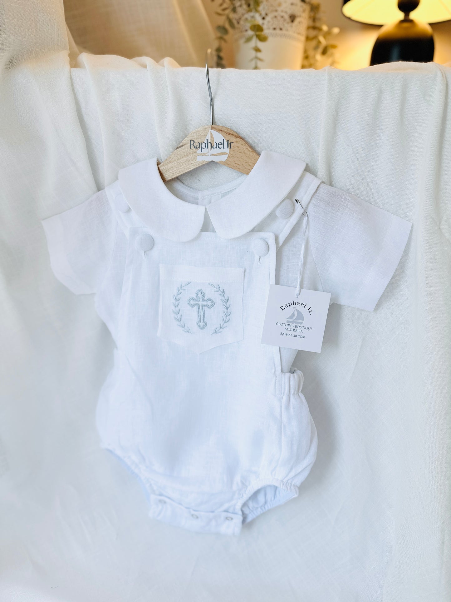 Baby white linen baptism romper overalls and blouse shirt set