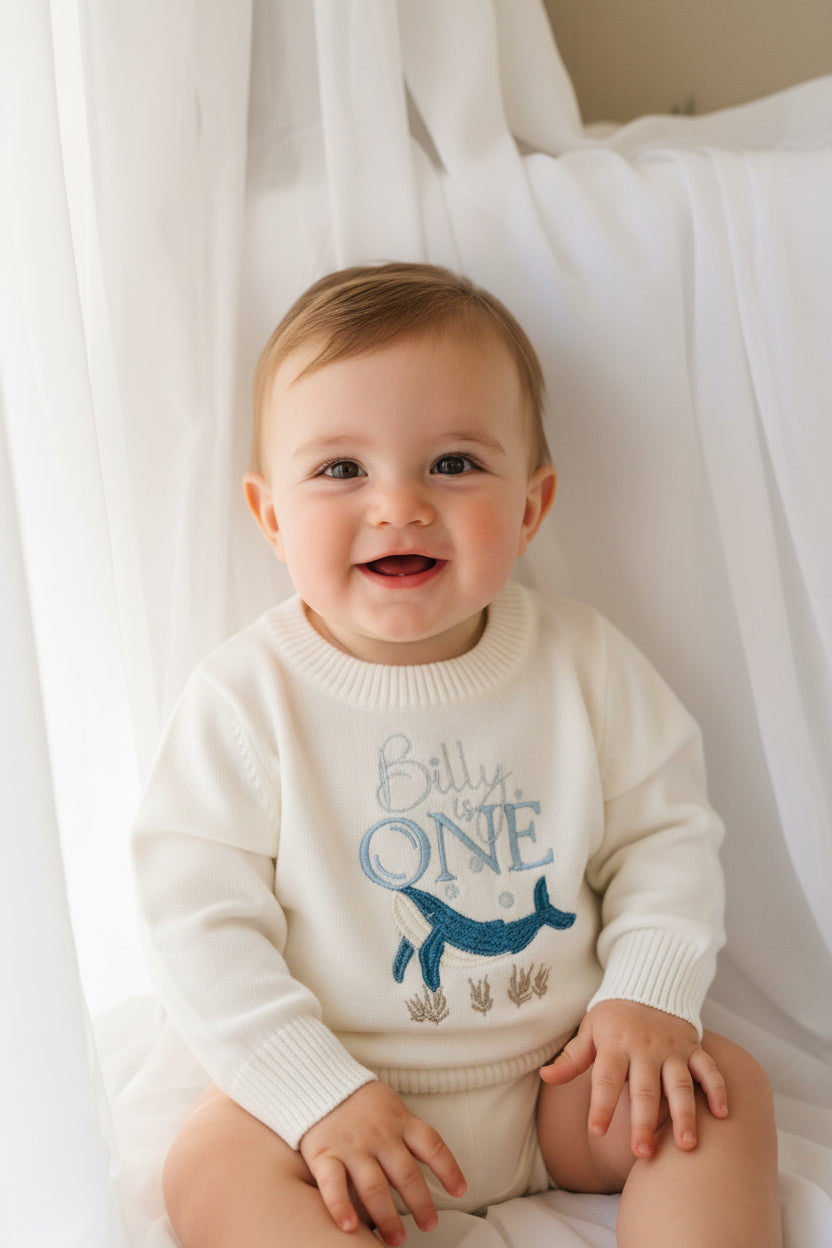 Warm white cotton sweater with optional first birthday embroidery