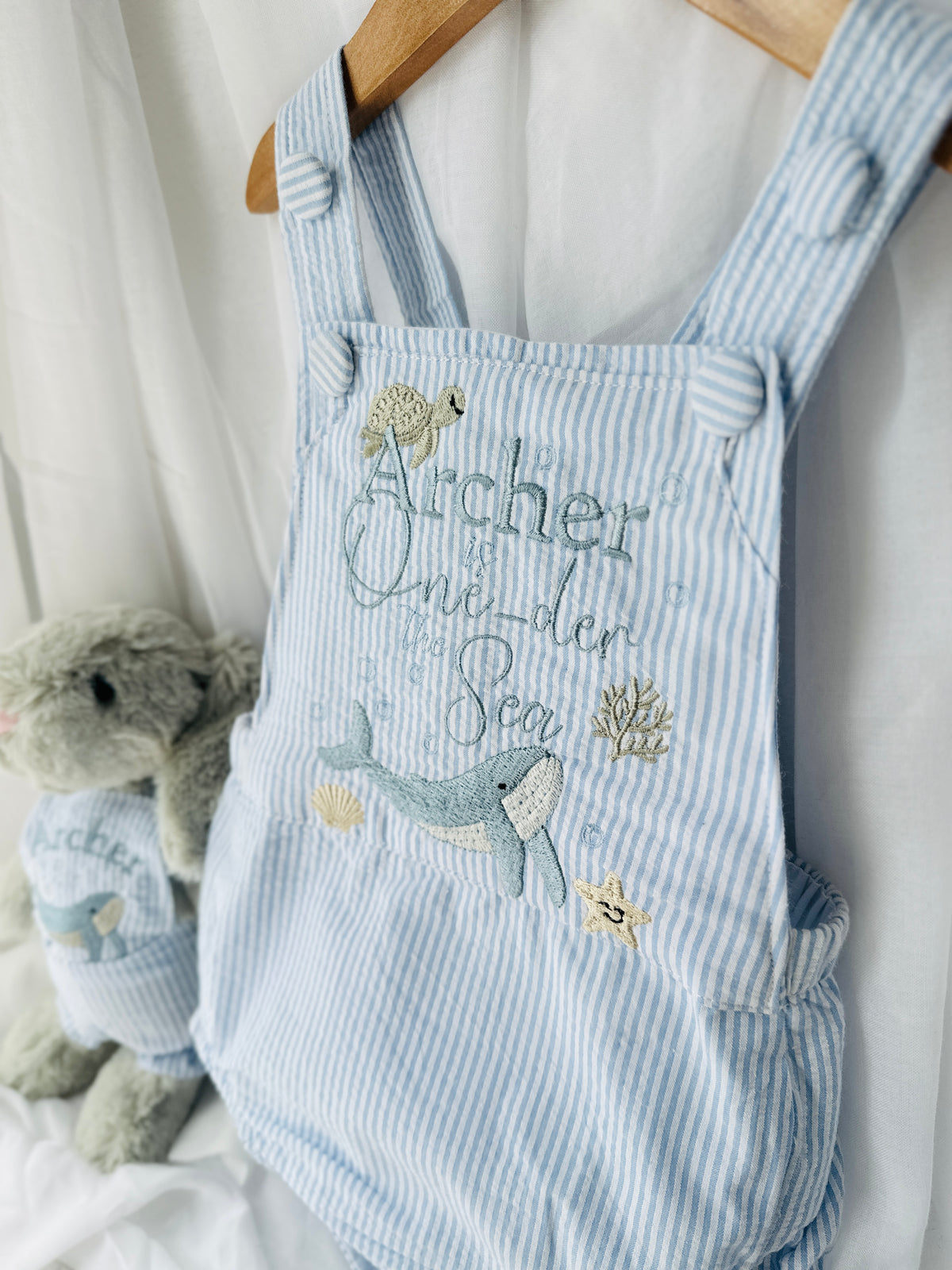 Boys Blue Seersucker Embroidered First Birthday romper