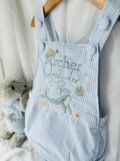 Boys Blue Seersucker Embroidered First Birthday romper