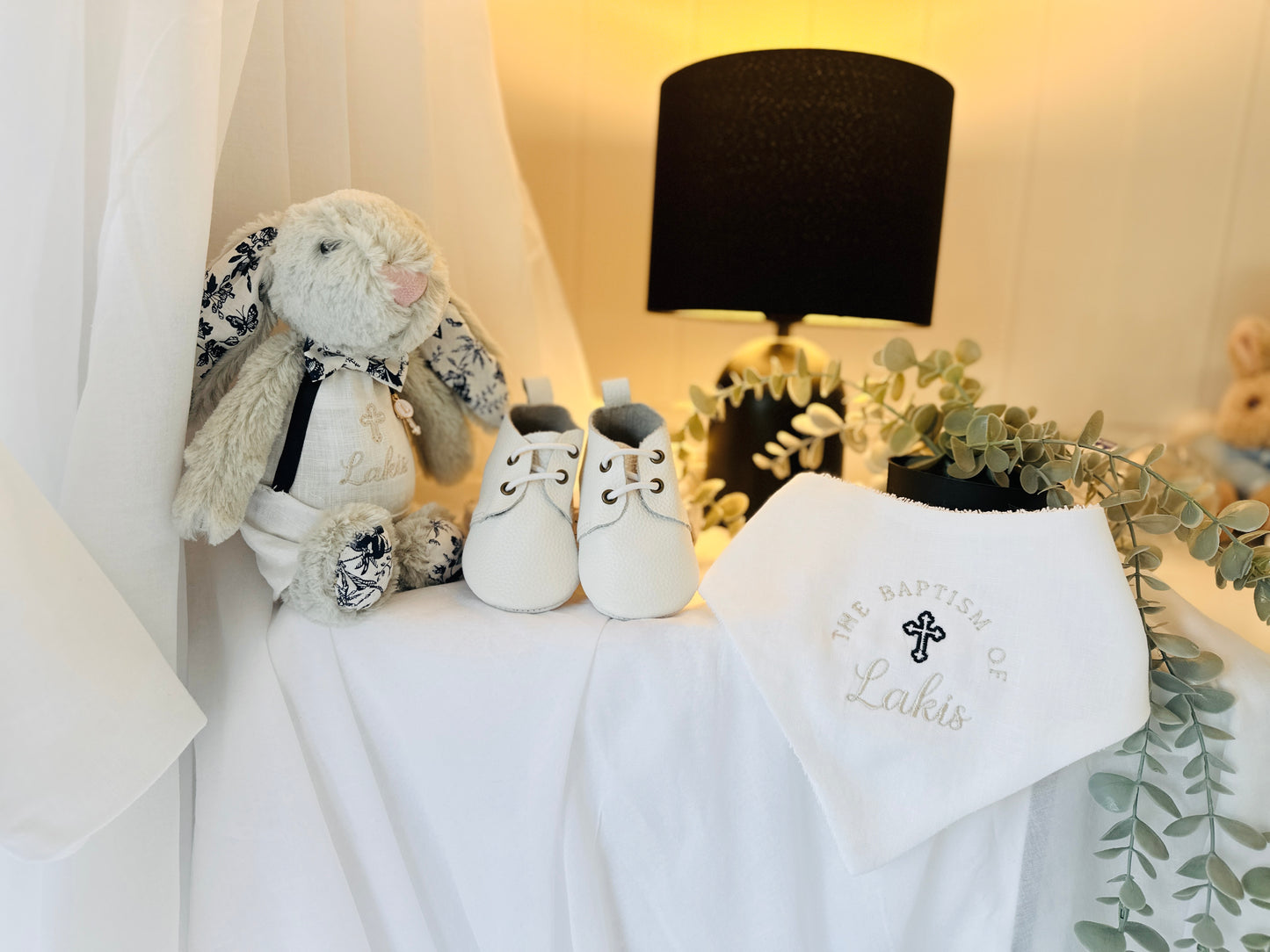 White linen Baptism Christening bib with optional embroidery