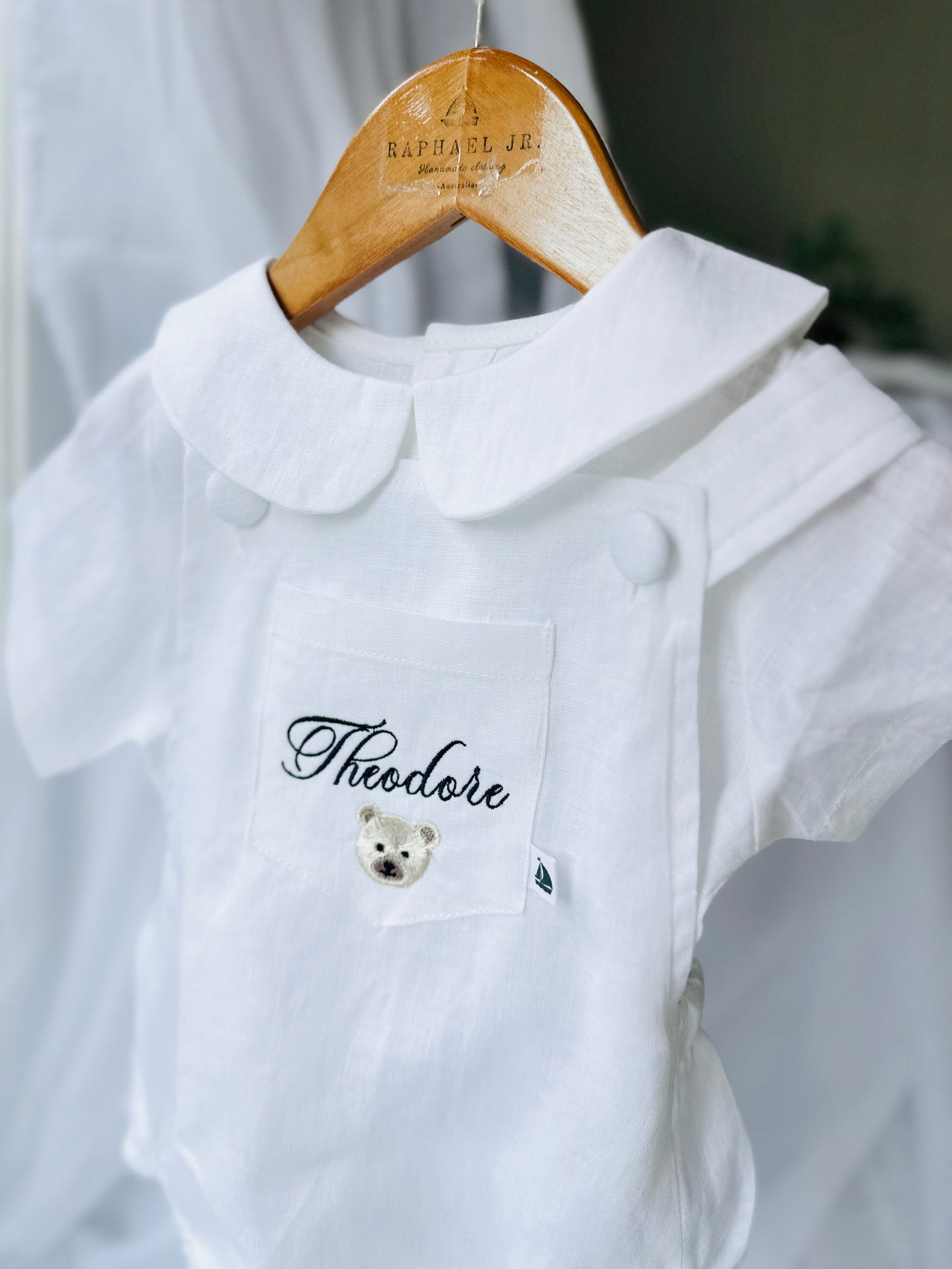 Baby white linen baptism romper overalls and blouse shirt set