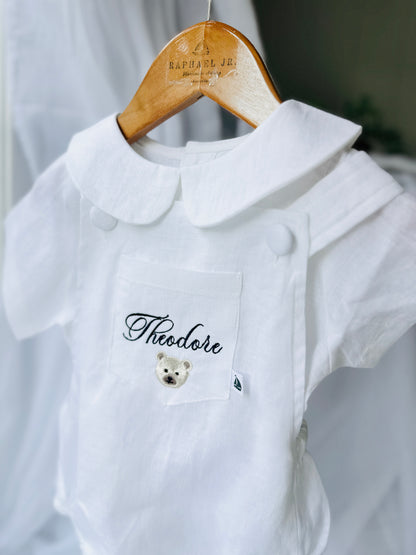 Baby white linen baptism romper overalls and blouse shirt set