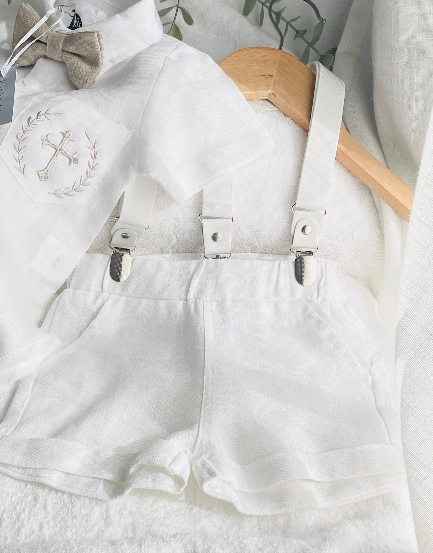 White linen summer Baptism suit set with shorts, shirt, suspenders  and bowtie plus optional extras
