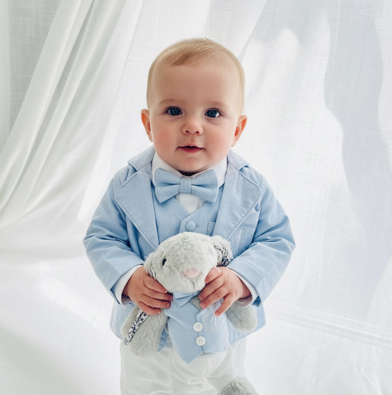 Baby and toddler boys pale blue chambray suit with blue vest, pants and jacket