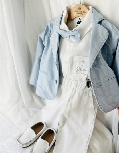 Blue chambray set with blue pants, white linen shirt, white, blue or beige suspenders and blue bow tie