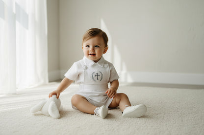 Boys white pure linen overalls suspender shorts with optional shirt and embroidery