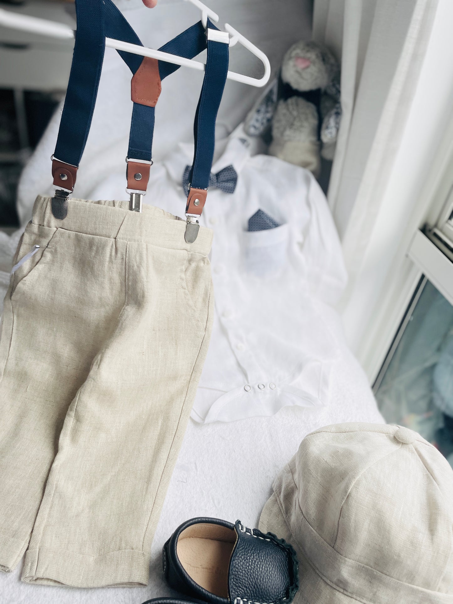 Baby and Toddler Boys beige natural pure linen pants with optional suspenders