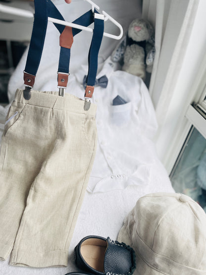 Baby and Toddler Boys beige natural pure linen pants with optional suspenders