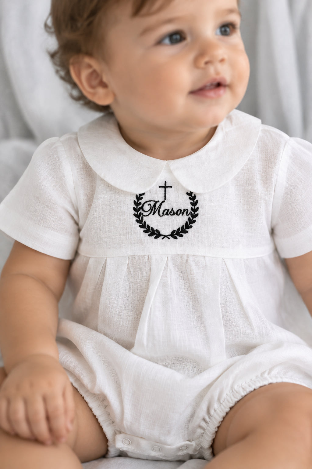 Linen Baptism peter pan collar bubble romper with optional embroidery customisation