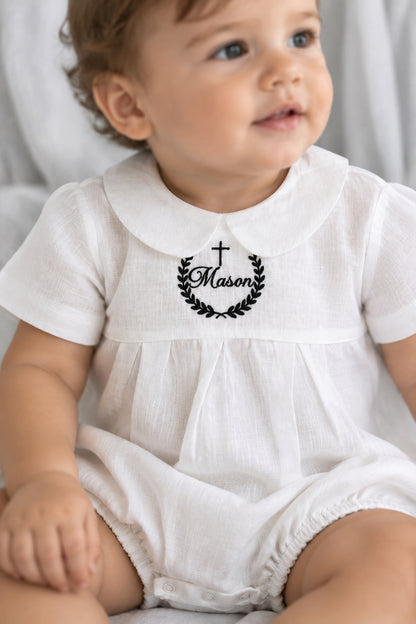 Linen Baptism peter pan collar bubble romper with optional embroidery customisation