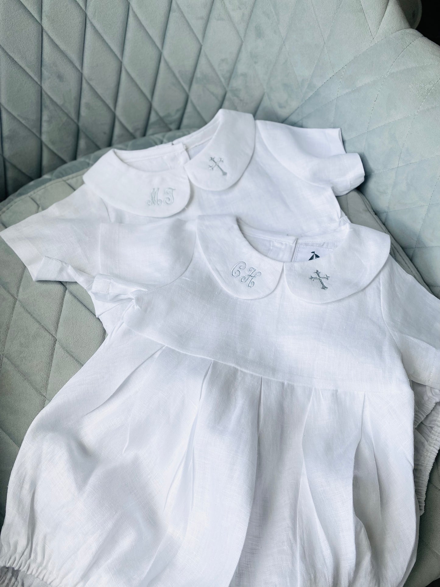 Linen Baptism peter pan collar romper outfit with optional embroidery customisation