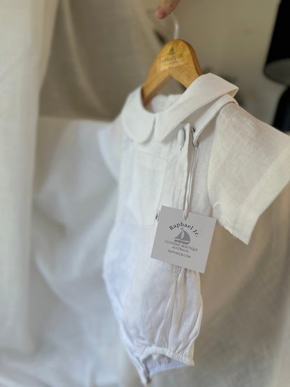 Baby white linen baptism romper overalls and blouse shirt set