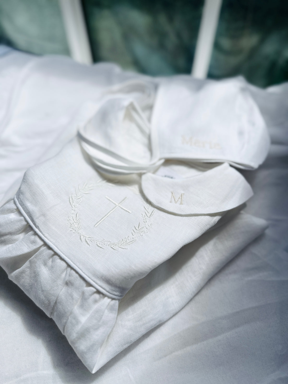 Pure Linen knee length Baptism Dress with embroidery and bloomers and optional ribbon