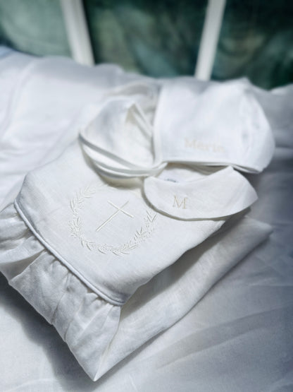 Pure Linen knee length Baptism Dress with embroidery and bloomers and optional ribbon