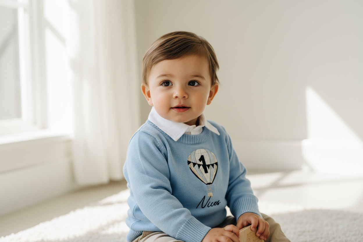 Baby blue cotton sweater with optional embroidery