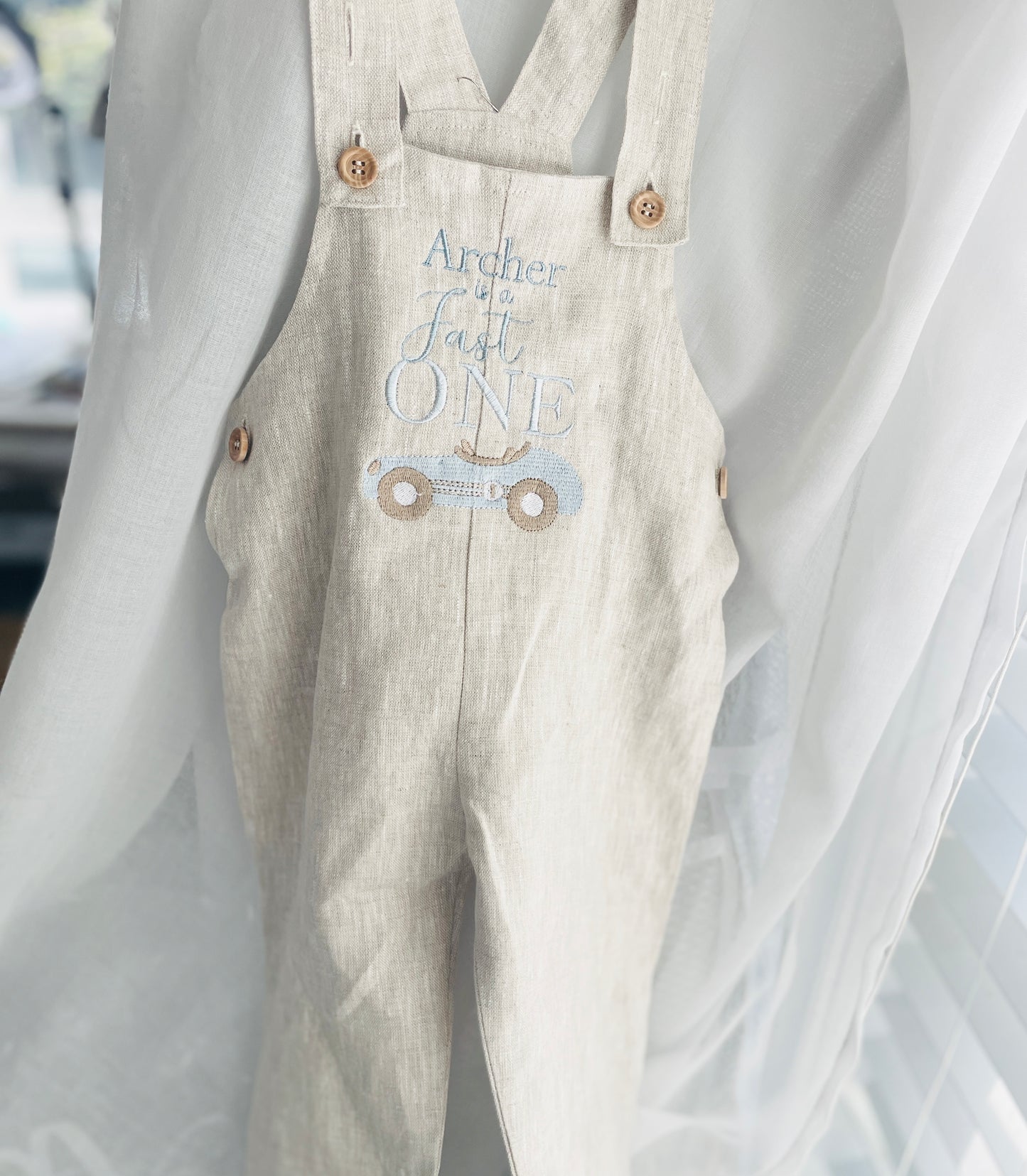 Boys Beige Linen Birthday overalls romper dungarees safari balloon fast car wild sea themes