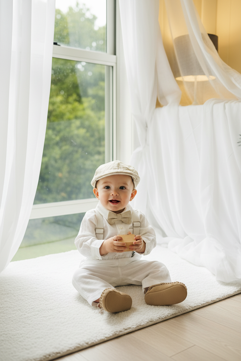 White and beige linen Baptism and Wedding Outfit with vest, shirt, shorts, suspenders and bow tie