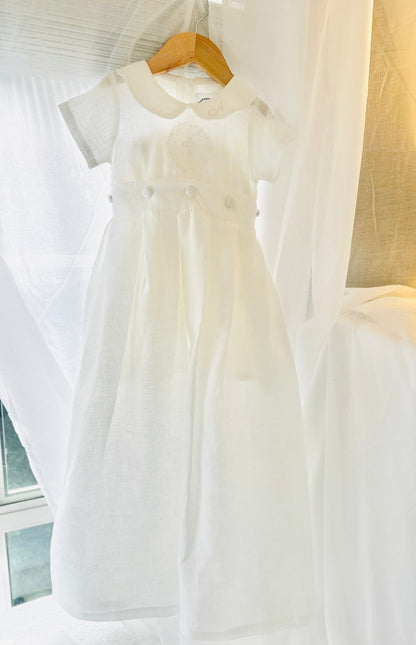 White Linen Baptism dress with detachable long skirt gown