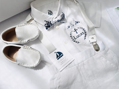 Baby and Toddler Boys white linen baptism outfit with bloomers, shirt, suspenders, bow tie