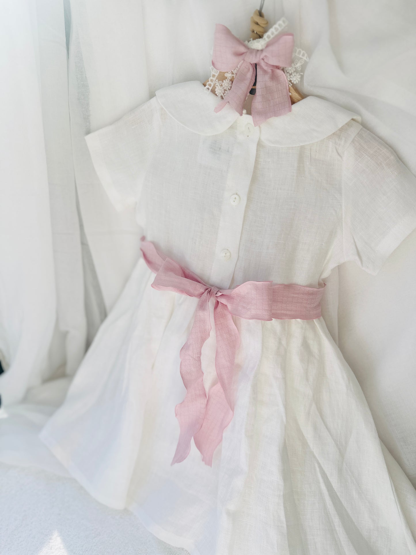 Pure Linen knee length Baptism Dress with embroidery and bloomers and optional ribbon