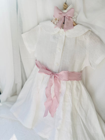Pure Linen knee length Baptism Dress with embroidery and bloomers and optional ribbon