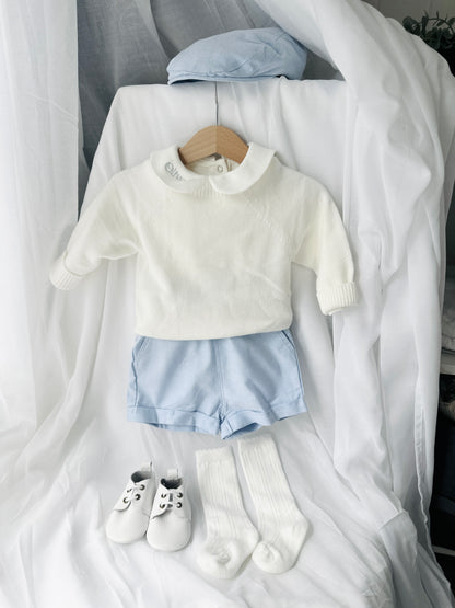 Baptism outfit with cotton onesie and jumper and pale blue shorts and long socks
