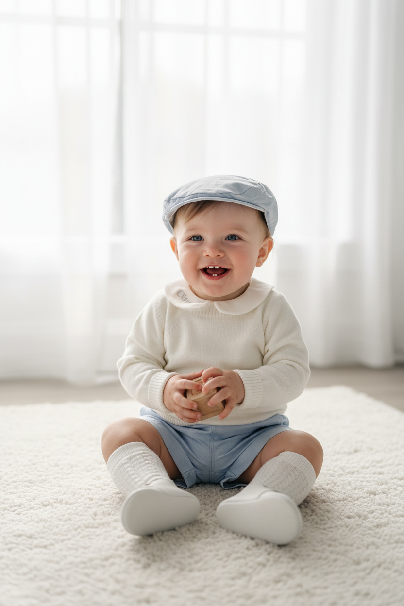 Baptism outfit with cotton onesie and jumper and pale blue shorts and long socks