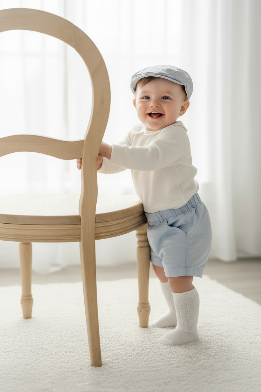 Baptism outfit with cotton onesie and jumper and pale blue shorts and long socks