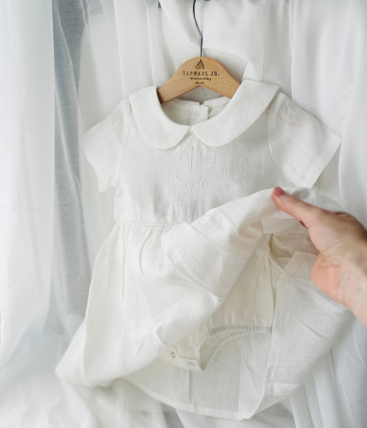 Pure Linen knee length Baptism Dress with embroidery and bloomers and optional ribbon