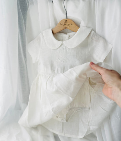 Pure Linen knee length Baptism Dress with embroidery and bloomers and optional ribbon