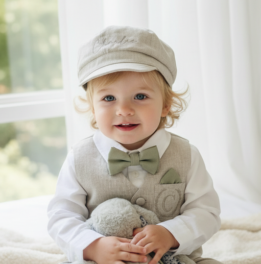 Beige Christening Outfit with vest, shirt, pants, suspenders and bowtie plus optional jacket, cap and shoes