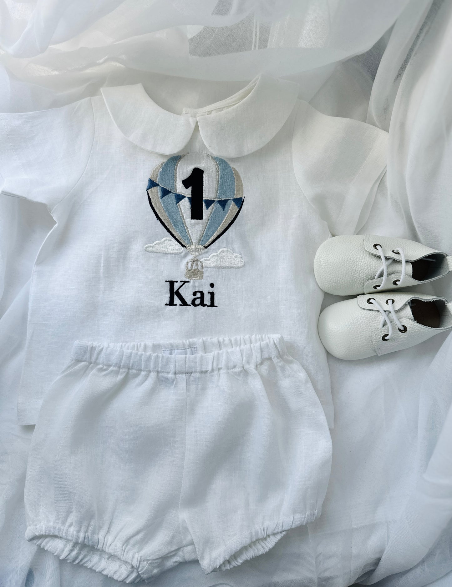 Baby and Toddler Boys white linen baptism outfit with bloomers and blouse shirt