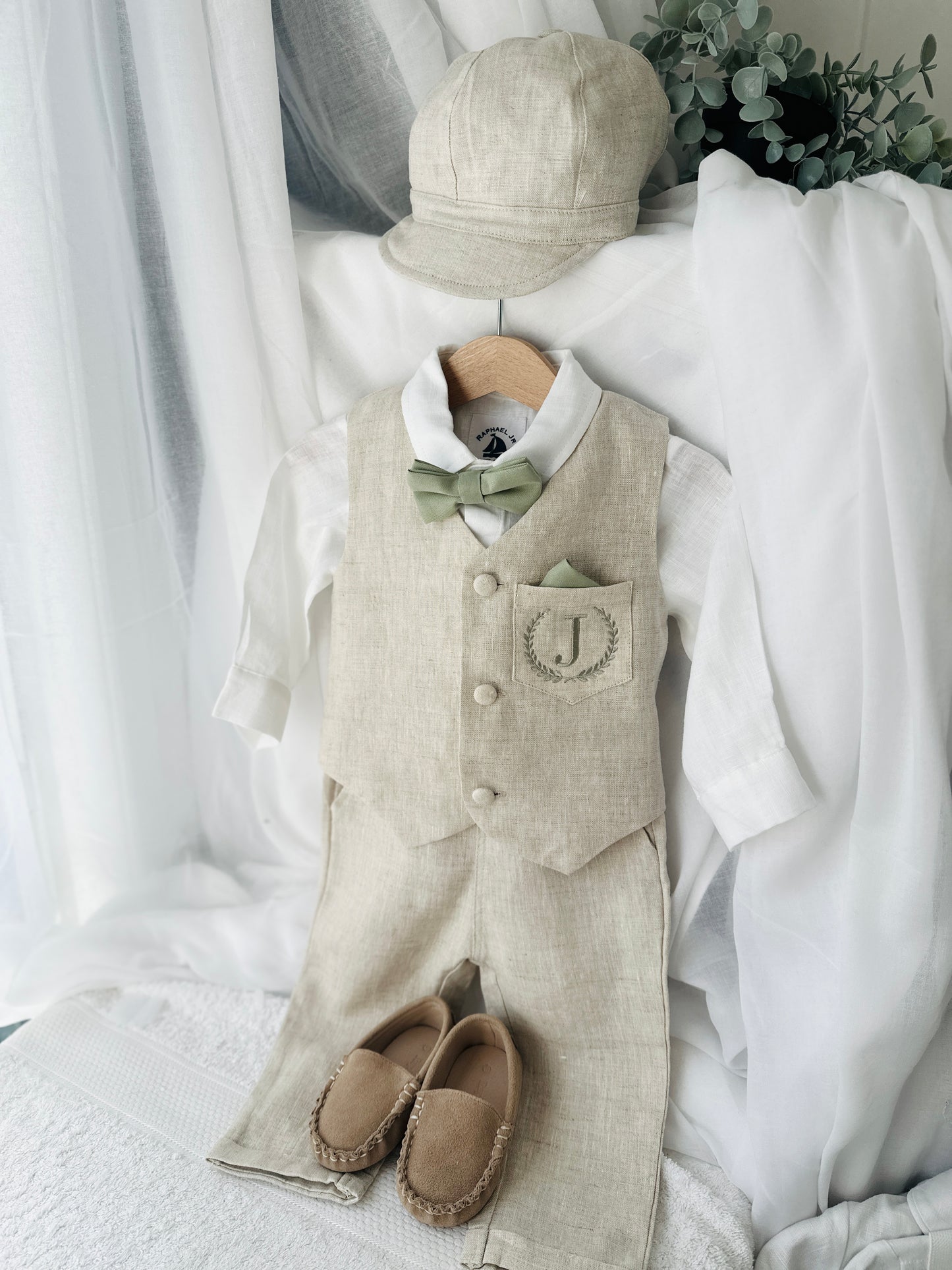 Beige Linen vest suit, shirt, pants, suspenders and bowtie plus optional jacket, cap and shoes