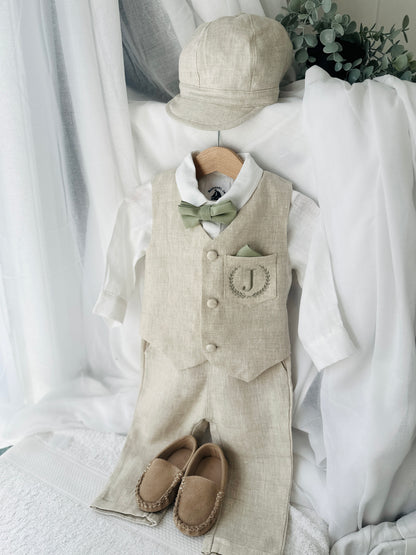 Beige Linen vest suit, shirt, pants, suspenders and bowtie plus optional jacket, cap and shoes