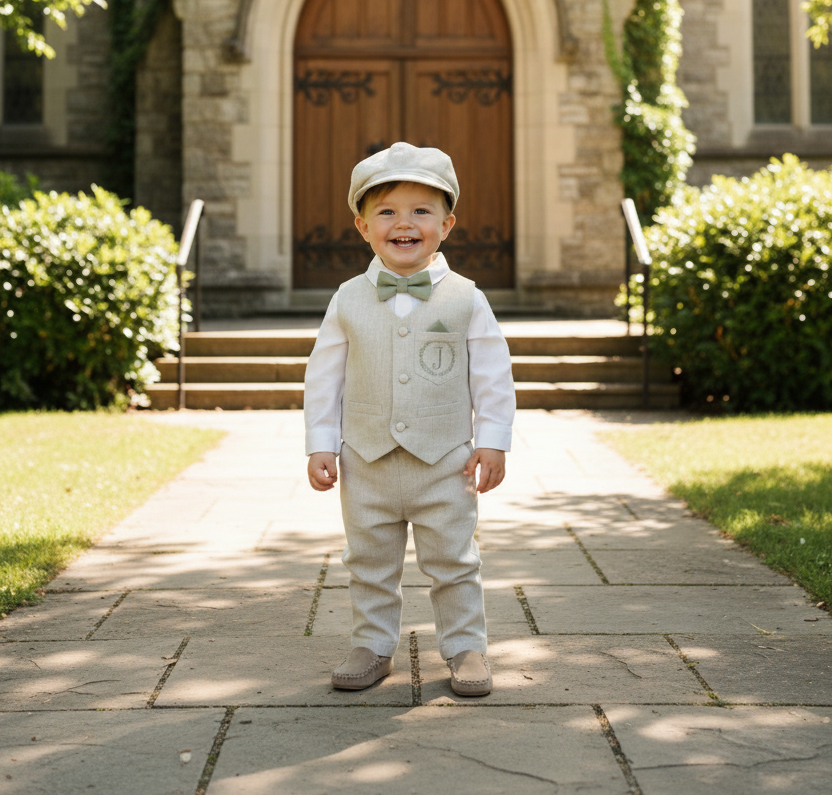 Beige Linen vest suit, shirt, pants, suspenders and bowtie plus optional jacket, cap and shoes