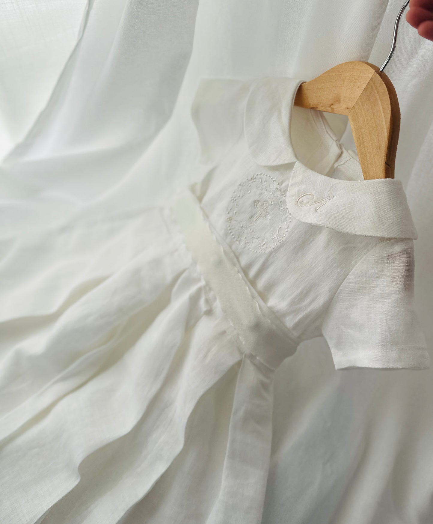 White Linen Baptism dress with detachable long skirt gown