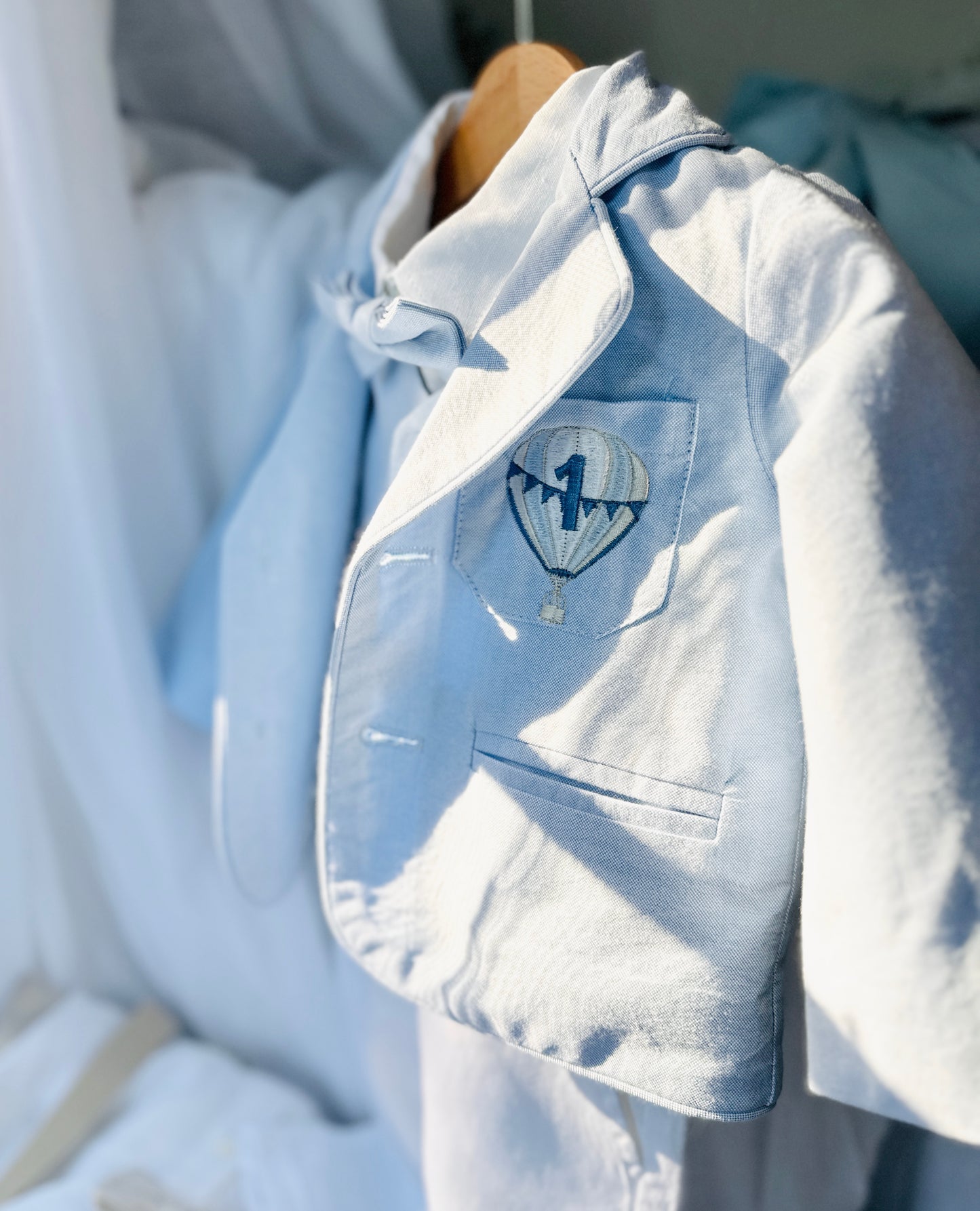 Boys Light blue suit with blue vest, bow tie optional jacket, plus white linen shirt and suspender pants