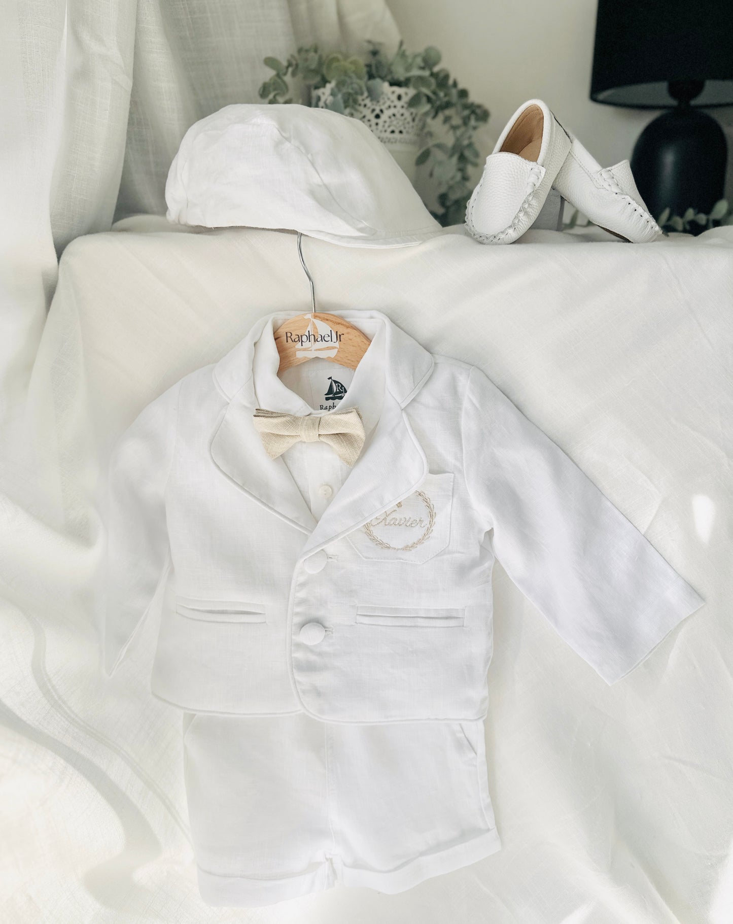White linen summer Baptism set with shirt shorts suspenders bow tie and optional jacket