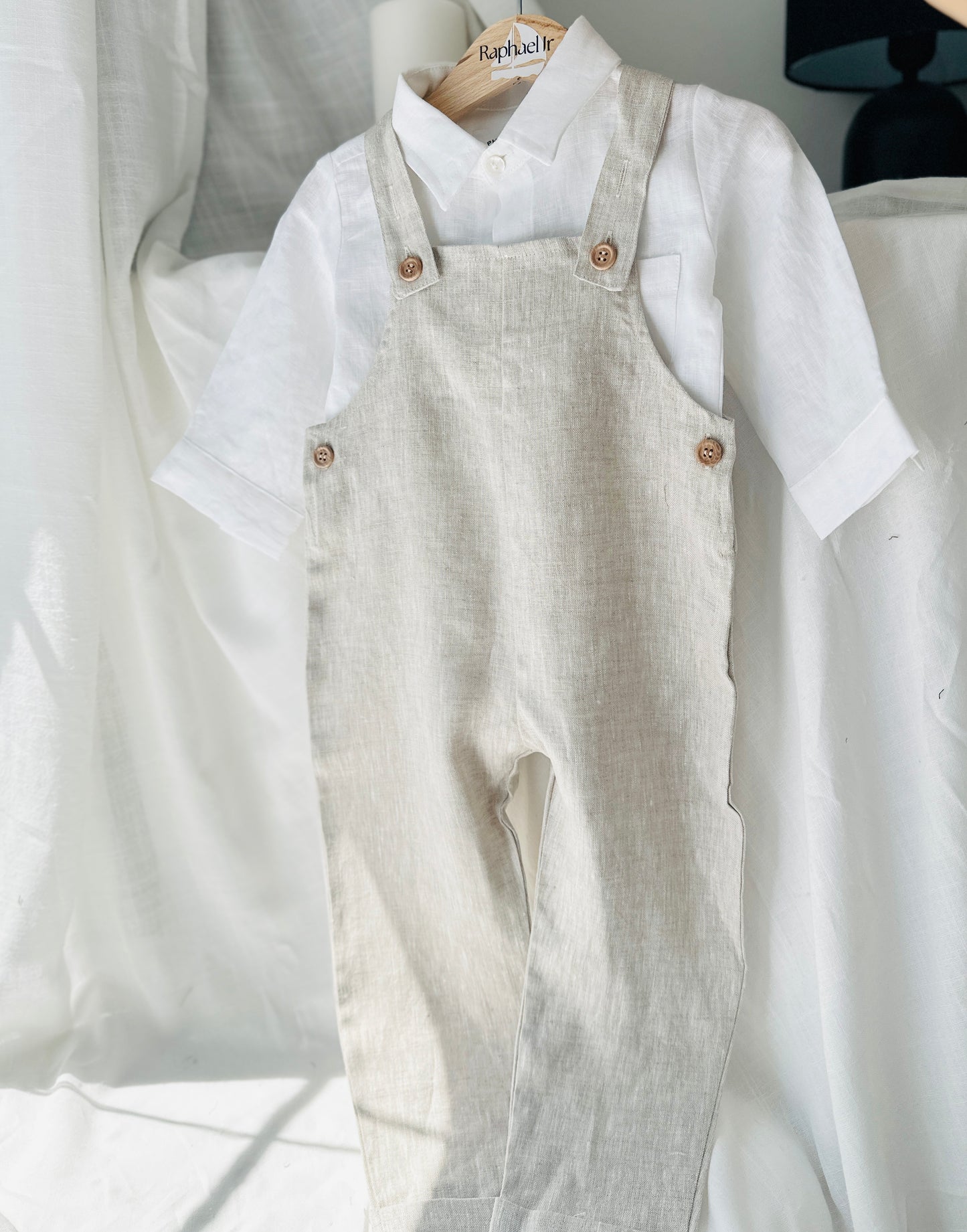 Boys Beige Linen Birthday overalls romper dungarees safari balloon fast car wild sea themes