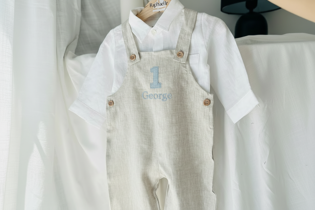 Boys Beige Linen Birthday overalls romper dungarees safari balloon fast car wild sea themes